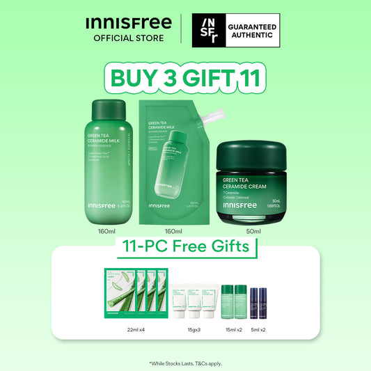 Green Tea Ceramide Trio - Milk 160ml + Refill 160ml + Cream 50ml for Deep Hydration, Barrier Repair