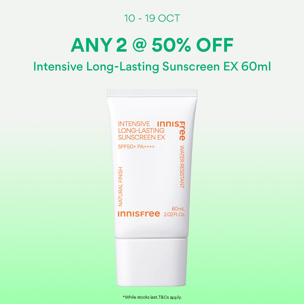 [10-19 Oct: 50% OFF ANY 2] INNISFREE Intensive Long-Lasting Sunscreen 60ml - Water Resistant for Daily & Outdoor use