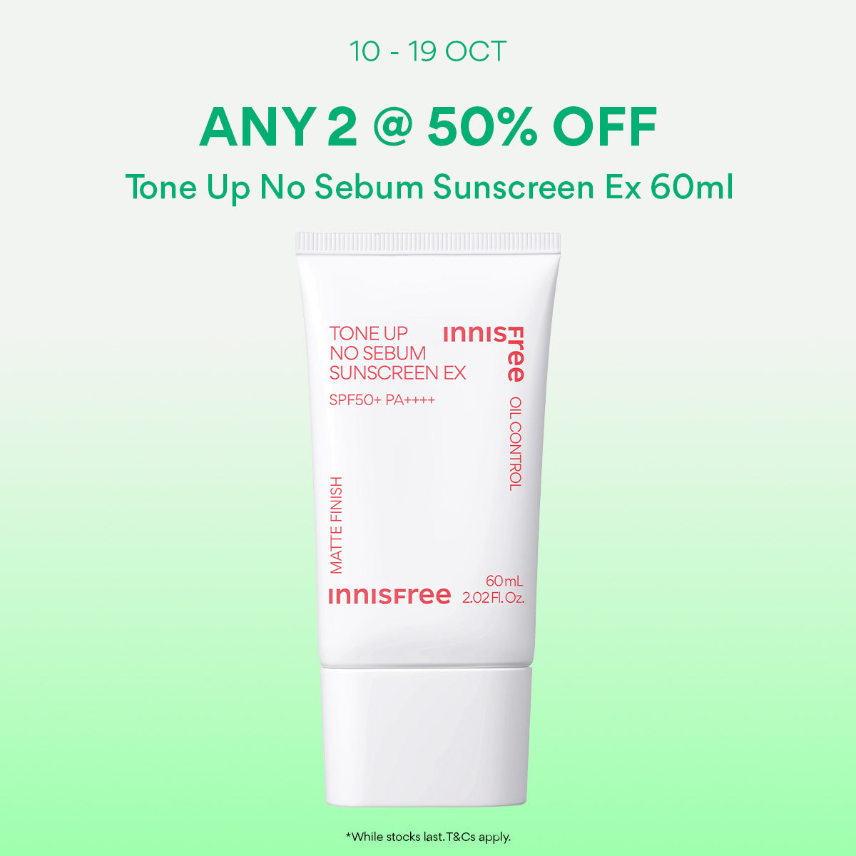[10-19 Oct: 50% OFF ANY 2] INNISFREE Tone Up No Sebum Sunscreen 60ml - Matte Tinted Sunscreen, Tone Up & Sebum Control
