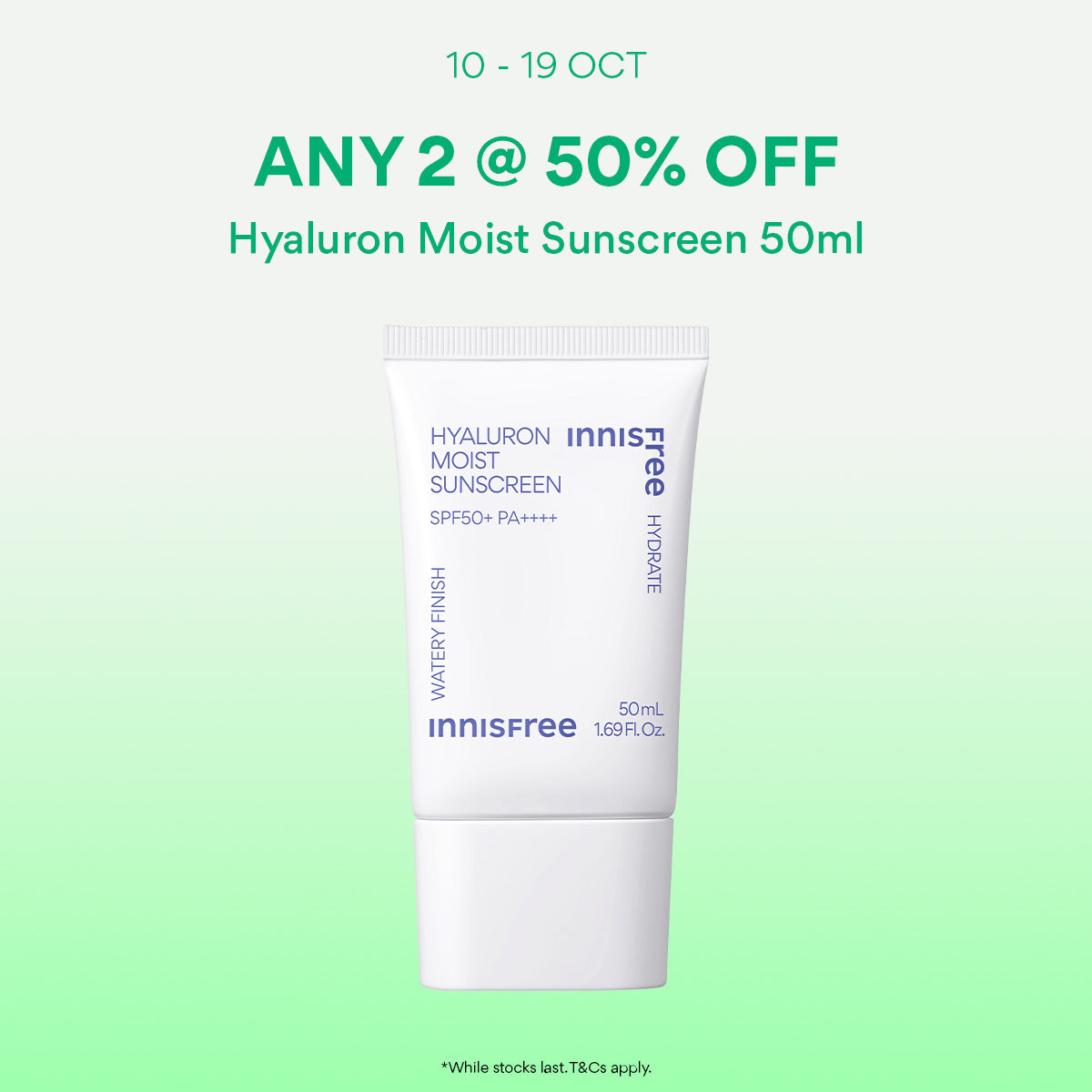 [10-19 Oct: 50% OFF ANY 2] INNISFREE Hyaluron Moist Sunscreen 50ml - Light, Moisturising, No White Cast