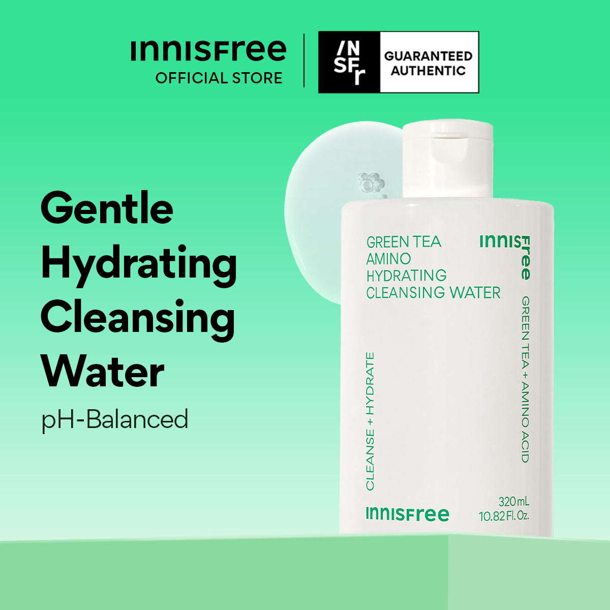 Green Tea Amino Hydrating Cleansing Water 320ml - Hydrating Micellar Water for Daily Cleansing