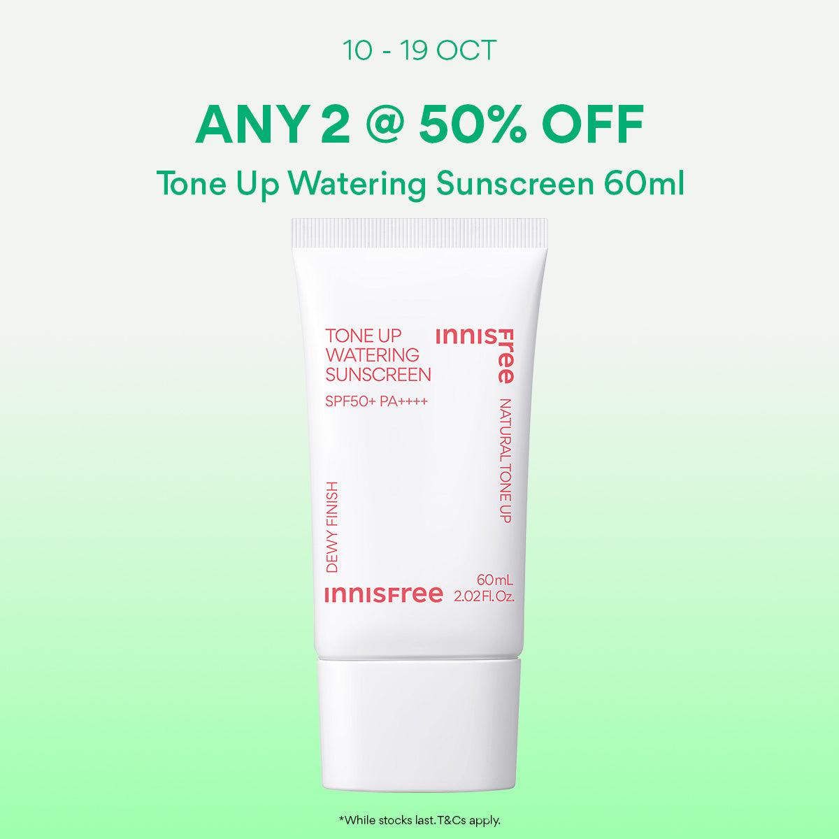 [10-19 Oct: 50% OFF ANY 2] INNISFREE Tone Up Watering Sunscreen 60ml - Dewy Tinted Sunscreen, Tone Up & Hydration