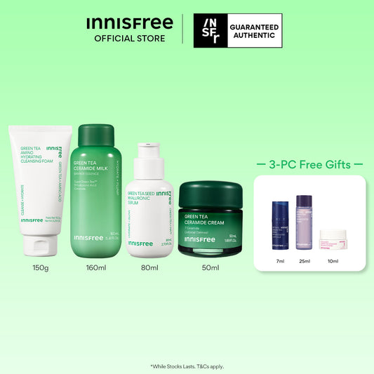 Green Tea Daily Hydration Set - Cleanser, Hyaluronic Serum, Ceramide Milk Toner & Cream