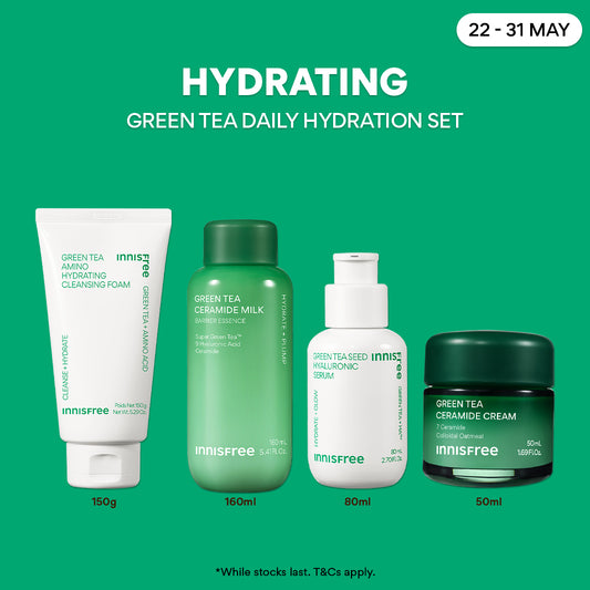 Green Tea Daily Hydration Set - Cleanser, Hyaluronic Serum, Ceramide Milk Toner & Cream
