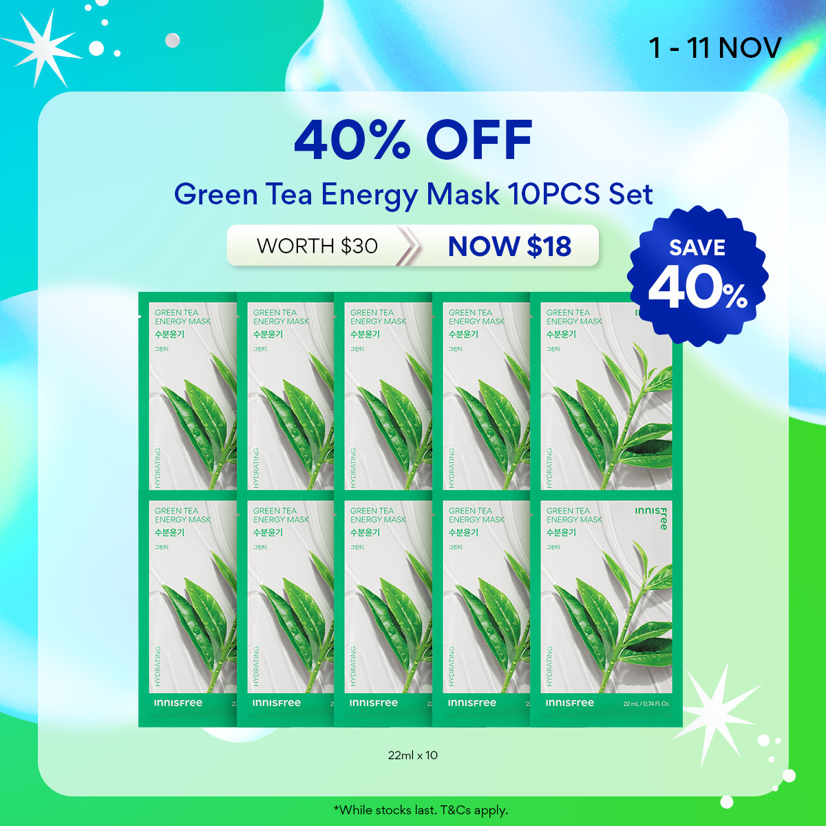 [11.11 Sale: 40% OFF] Green Tea Energy Mask 22ml x 10pcs