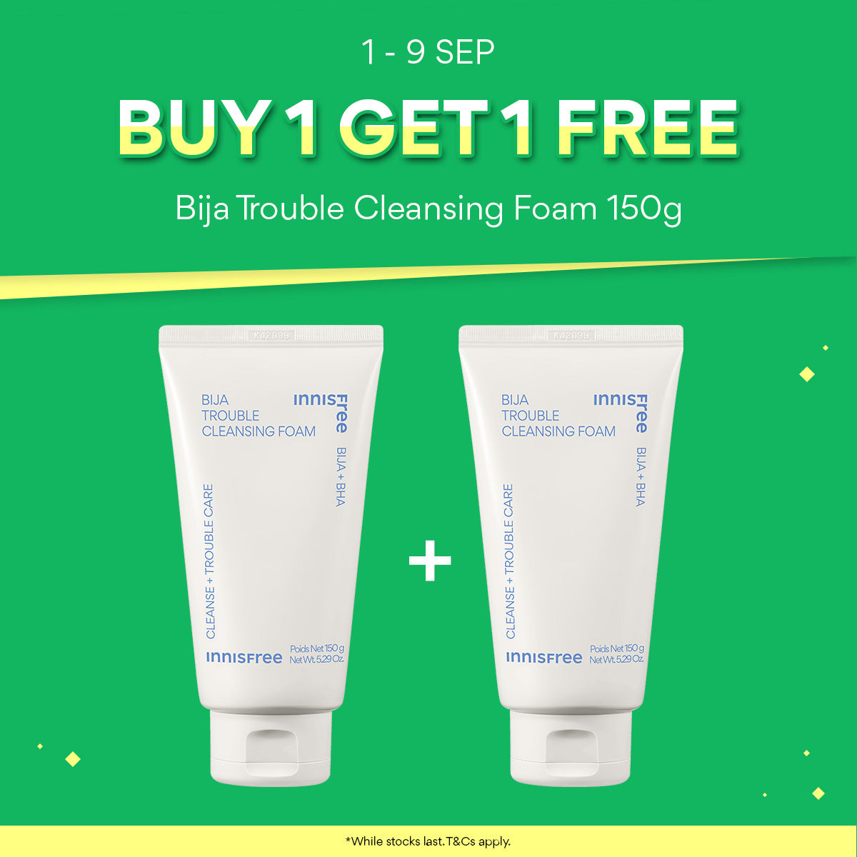 [1+1] INNISFREE Bija Trouble Cleansing Foam 150g  - Daily Pore Cleanser for Sensitive & Oily Skin
