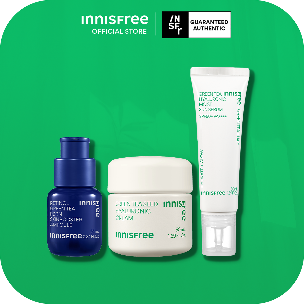 INNISFREE Green Tea PDRN Skin Glow & SPF Trio - Ampoule, Cream & Sun Serum for Pores, Wrinkles, Hydration & SPF