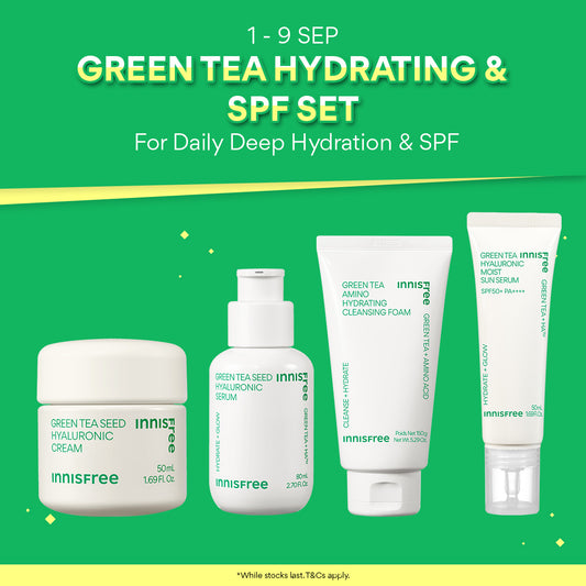 [40% OFF] INNISFREE Green Tea Hydrating & SPF Set - Cleanser, Serum, Cream & Sun Serum for Hydration & SPF