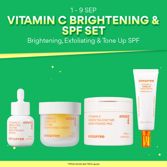 [40% OFF] INNISFREE Vitamin C Brightening & SPF Set - Toner Pad, Serum, Cream & Brightening Tone Up Sunscreen
