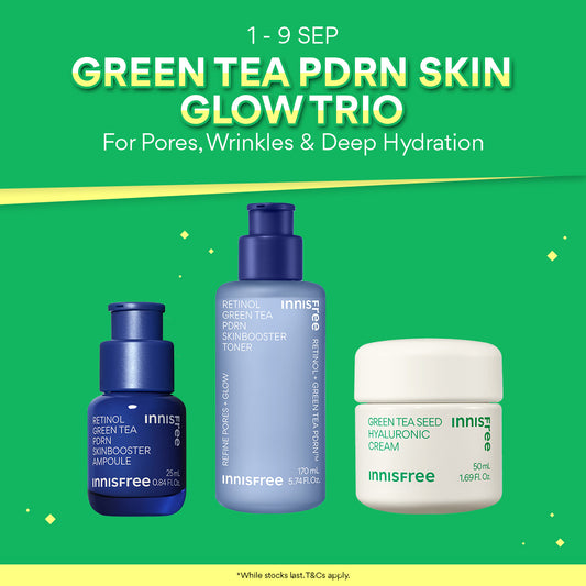 [35% OFF] INNISFREE Green Tea PDRN Skin Glow Trio - Toner, Ampoule, Hyaluronic Cream for Pore, Wrinkles & Hydration