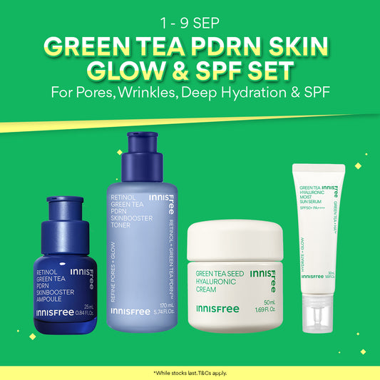 [40% OFF] INNISFREE Green Tea PDRN Skin Glow & SPF Set - Toner, Ampoule, Hyaluronic Cream & Hydrating Sun Serum