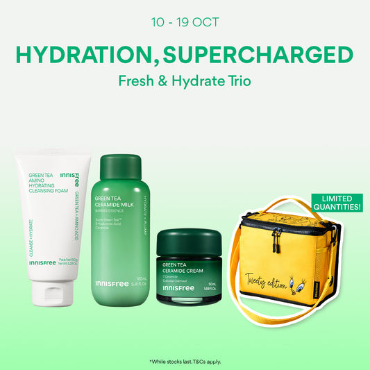 [10-19 Oct] INNISFREE Fresh & Hydrate Trio - Green Tea Amino Cleansing Foam 150g + Green Tea Ceramide Milk 160ml + Cream 50ml