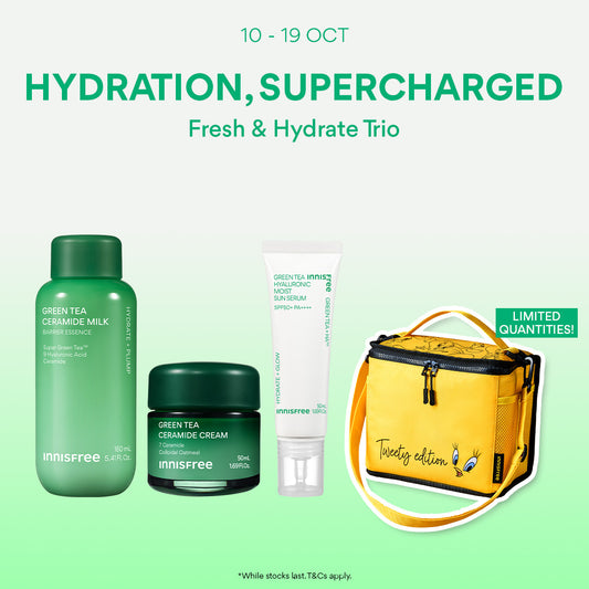 [10-19 Oct] INNISFREE Supercharged Hydration & SPF Trio - Green Tea Ceramide Milk 160ml + Cream 50ml + Sun Serum 50ml