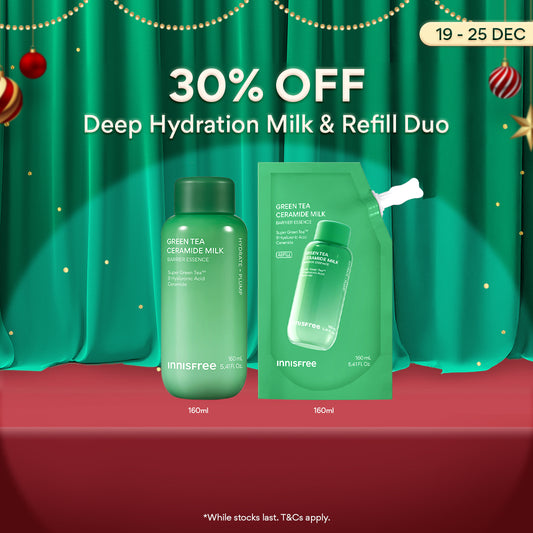 Green Tea Ceramide Milk 160ml + 160ml Refill Set for Deep Hydration & Moisture Barrier