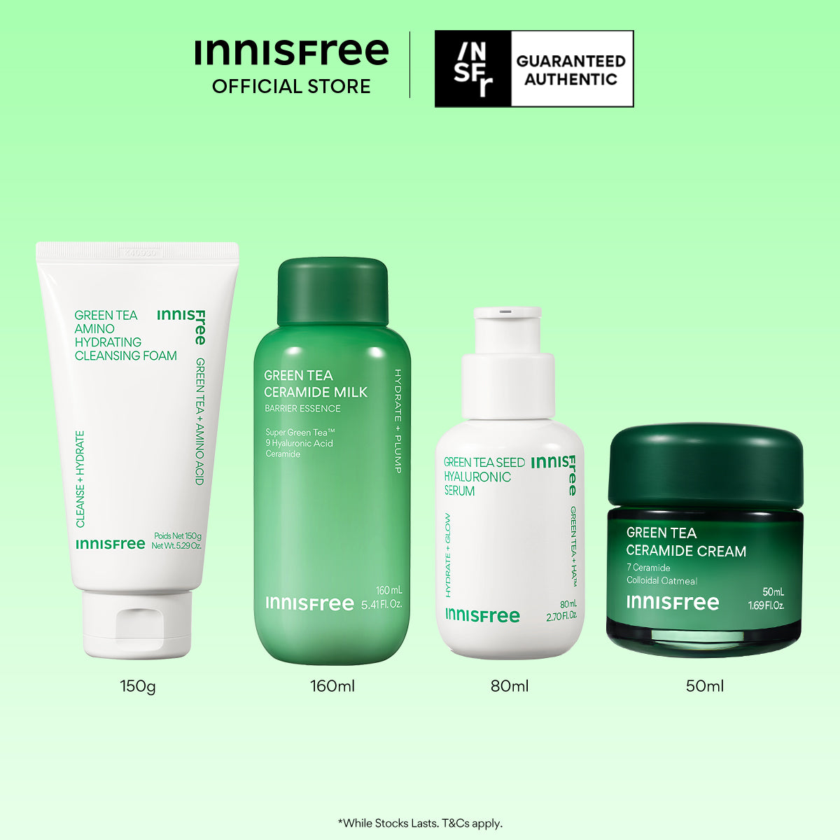 Green Tea Daily Hydration Set - Cleanser, Hyaluronic Serum, Ceramide Milk Toner & Cream